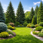 Uređeno dvorište sa travnjakom i kombinacijom visokih i niskih četinara raspoređenih u slojevima