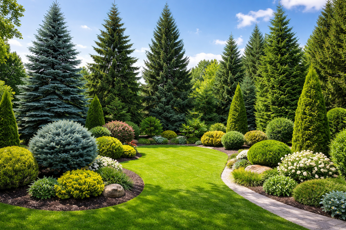 Uređeno dvorište sa travnjakom i kombinacijom visokih i niskih četinara raspoređenih u slojevima