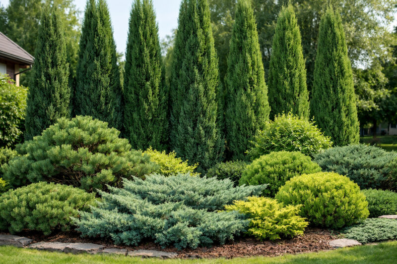 Kombinacija visokih stubastih četinara i niskih patuljastih četinara u slojevitom rasporedu u dvorišnoj bašti