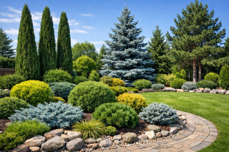 Dvorište sa brojnom kombinacijom visokih i niskih četinara, zelenim travnjakom i kamenim stazama